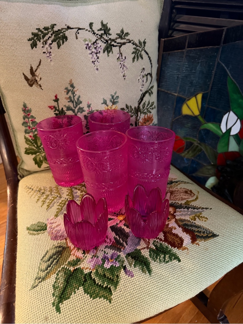Vintage Lot Hot Pink Crystal Embossed Drinking Glasses Tumblers Set of 4